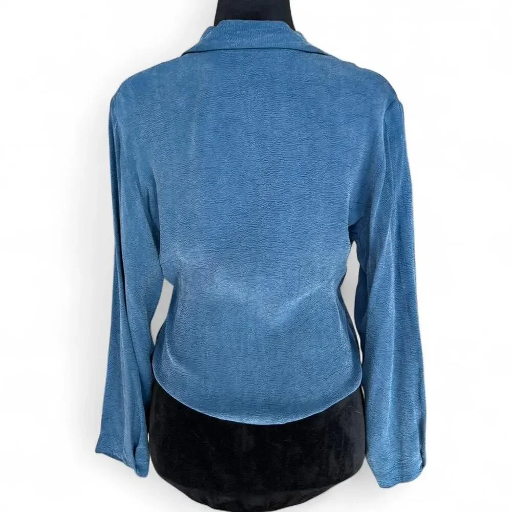 90s Blue Button Up Blouse – minimalist sculptural cut top M - Picture 3 of 8